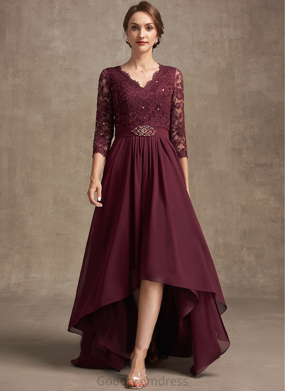 the V-neck Chiffon of Sequins Dress A-Line Bride Asymmetrical Mother of the Bride Dresses Isabelle Beading Mother Lace With