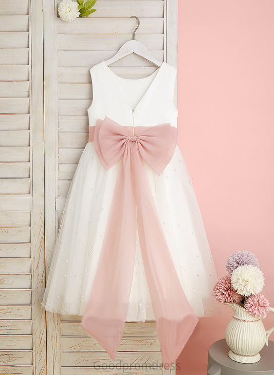 Satin/Tulle Sash/Bow(s)/V With Flower Dress Tea-length Girl Neck Back - A-Line Scoop Sleeveless Flower Girl Dresses Maisie