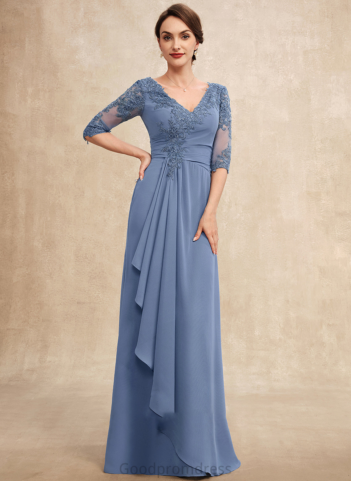 Chiffon Cascading Floor-Length the Mother of the Bride Dresses A-Line Bride Dress With Lace V-neck Ruffles of Yareli Mother