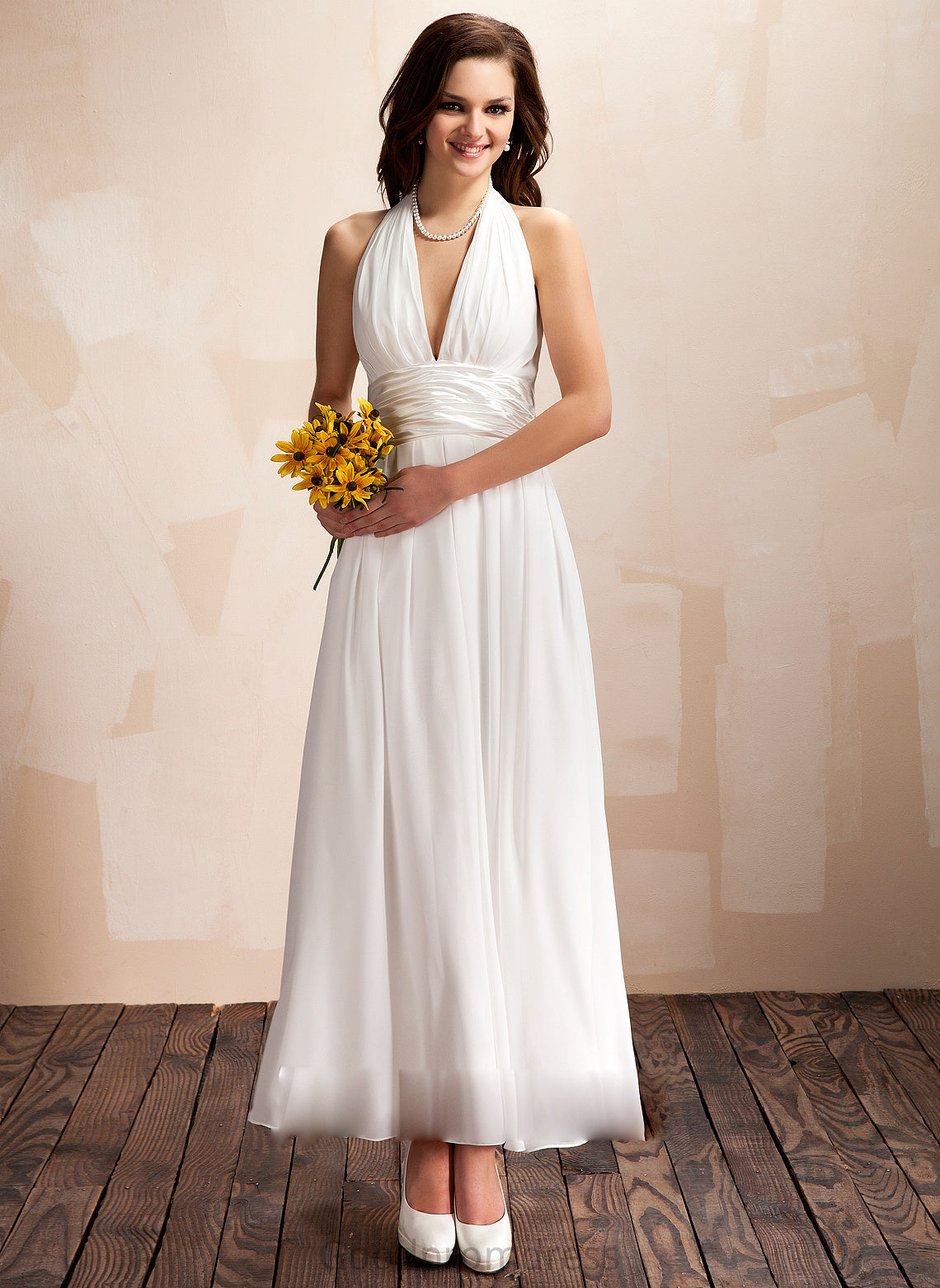 Halter Ruffle Madalynn Dress With Ankle-Length Wedding Dresses Wedding Bow(s) Chiffon A-Line