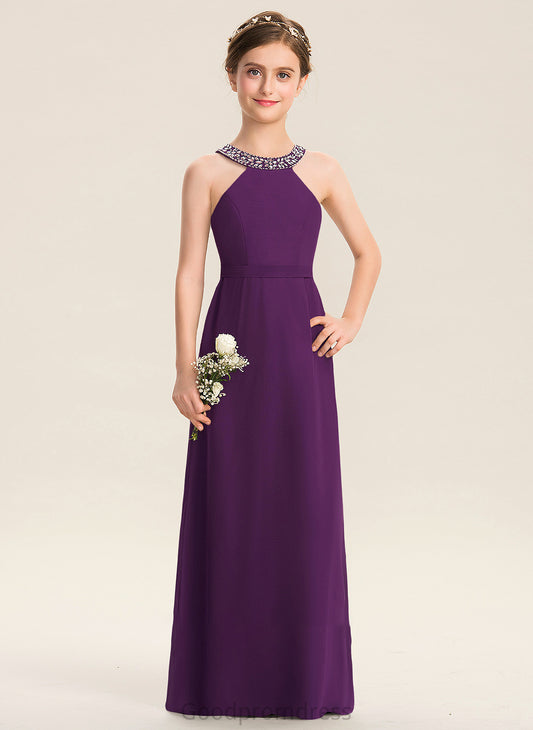 Bow(s) Scoop Chiffon Neck Junior Bridesmaid Dresses Georgia A-Line With Floor-Length Beading