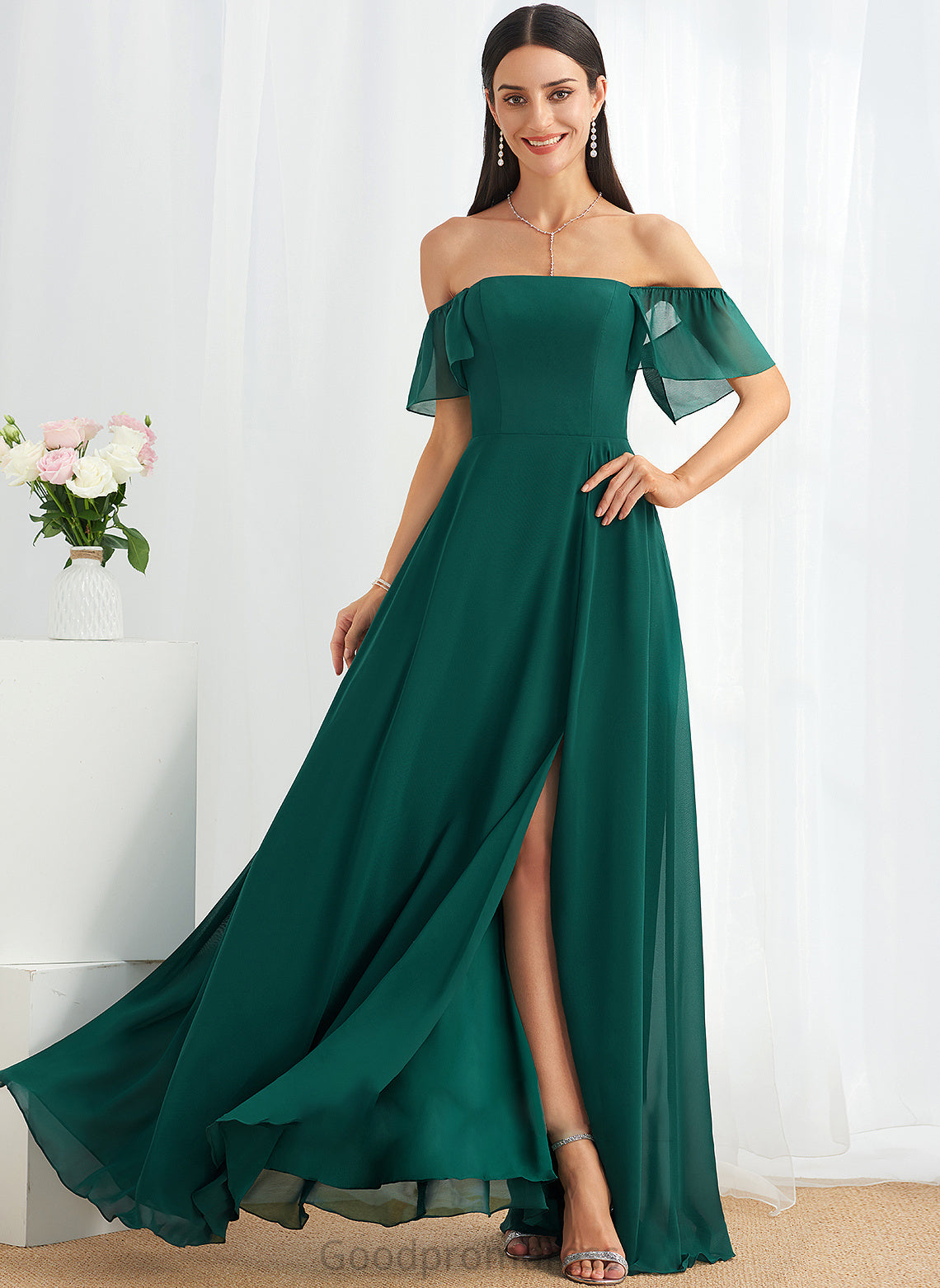 Off-the-Shoulder A-Line Length Fabric Neckline Floor-Length SplitFront Silhouette Embellishment Eleanor Natural Waist Spaghetti Staps Bridesmaid Dresses