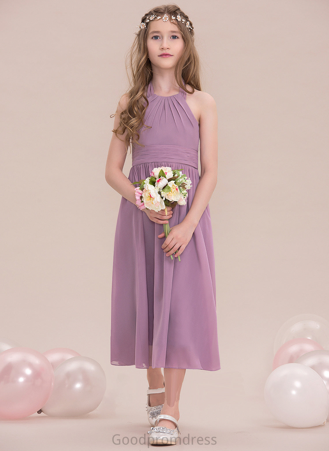 Ruffle A-Line Tea-Length Presley With Halter Chiffon Junior Bridesmaid Dresses