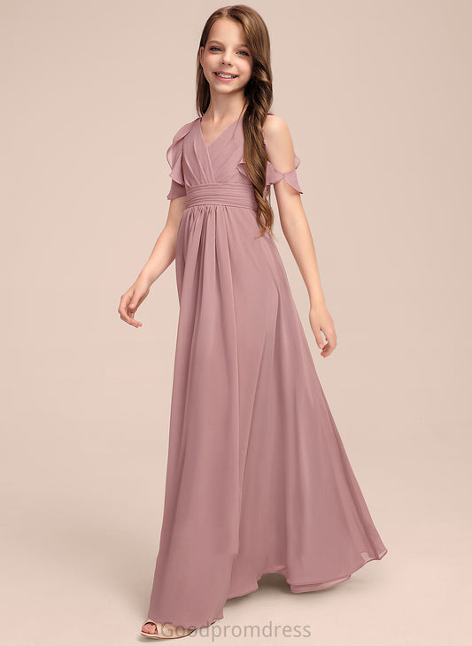 Junior Bridesmaid Dresses Floor-Length Cascading V-neck Christina Chiffon Ruffles With A-Line