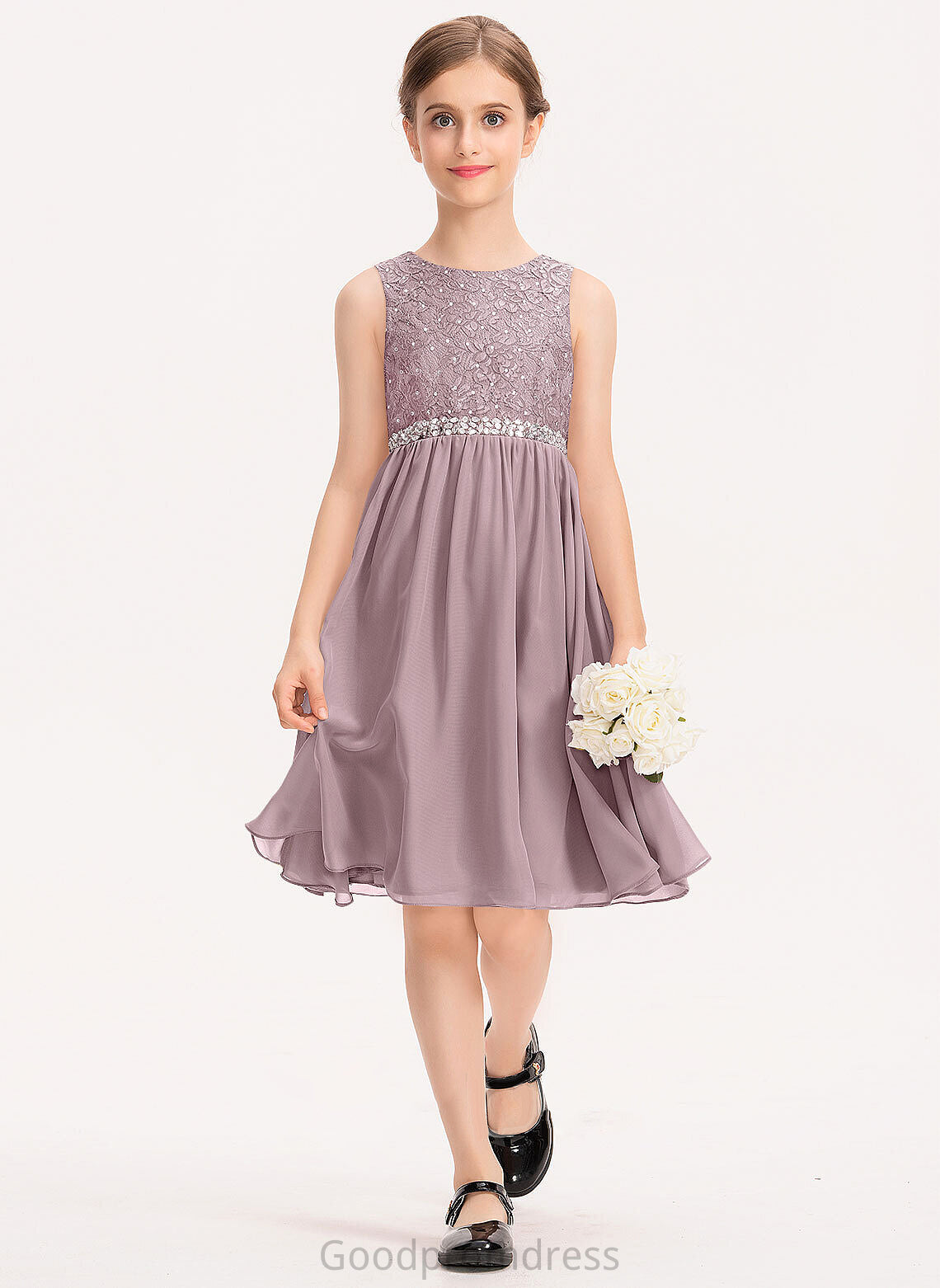 Bow(s) Nayeli Beading A-Line With Chiffon Neck Scoop Knee-Length Junior Bridesmaid Dresses Lace