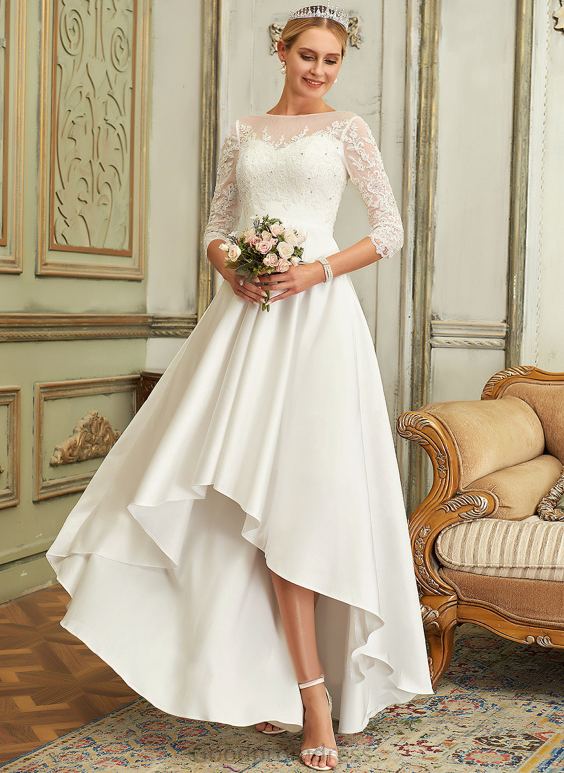 Sydnee Lace Asymmetrical Dress A-Line Satin Scoop Neck Wedding Dresses Wedding