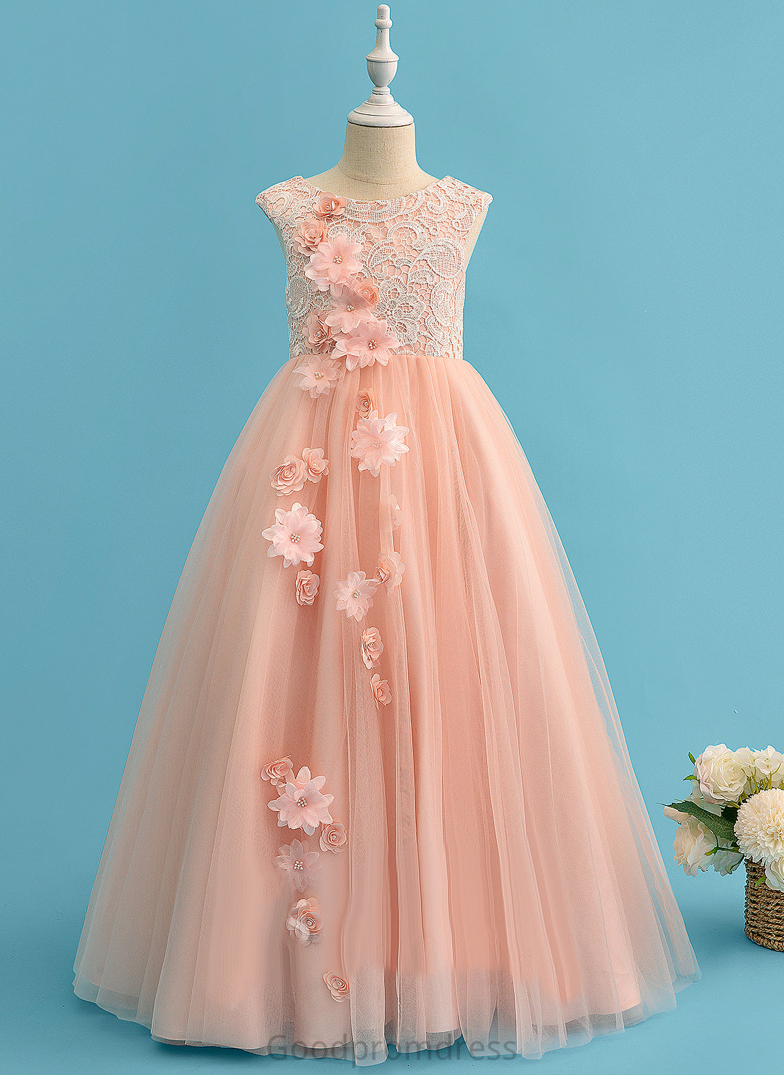 Flower Girl Dresses Sleeveless Floor-length Beading/Flower(s) Tulle/Lace Girl Flower Neck Melinda With Ball-Gown/Princess Scoop - Dress