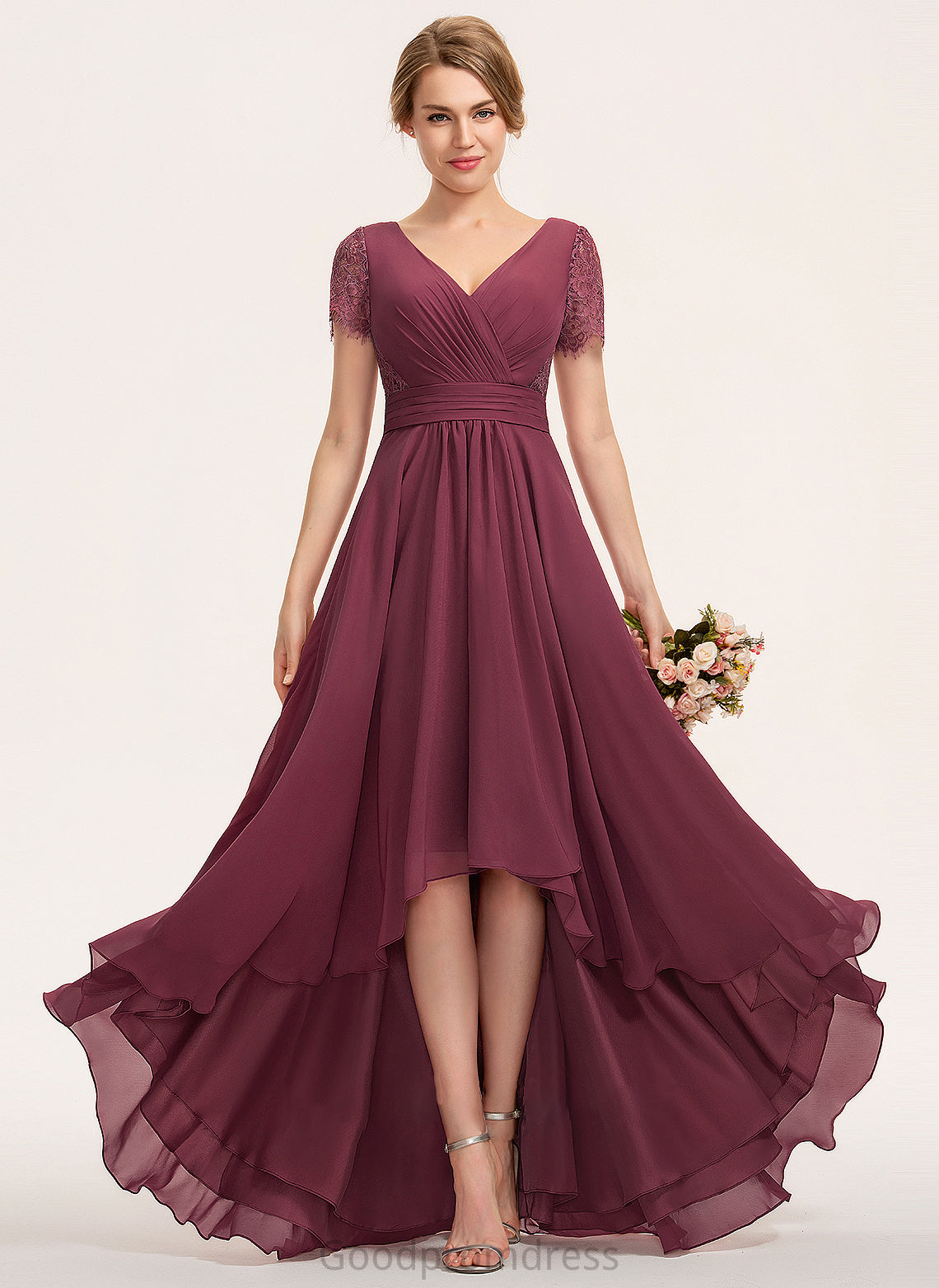 A-Line V-neck Fabric Length Neckline Ruffle Embellishment Asymmetrical Silhouette Una Floor Length Natural Waist Bridesmaid Dresses