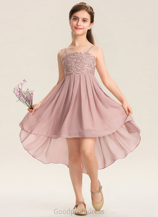 Asymmetrical Junior Bridesmaid Dresses Liz A-Line Chiffon Square Neckline Lace