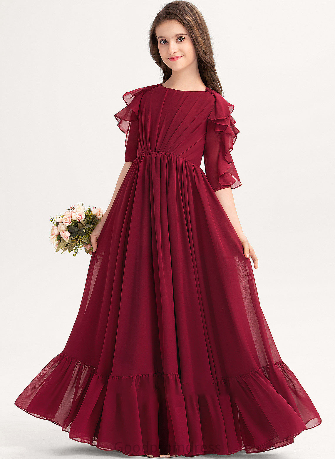 Neck Floor-Length Cascading A-Line Scoop Junior Bridesmaid Dresses Ruffles Ursula With Chiffon