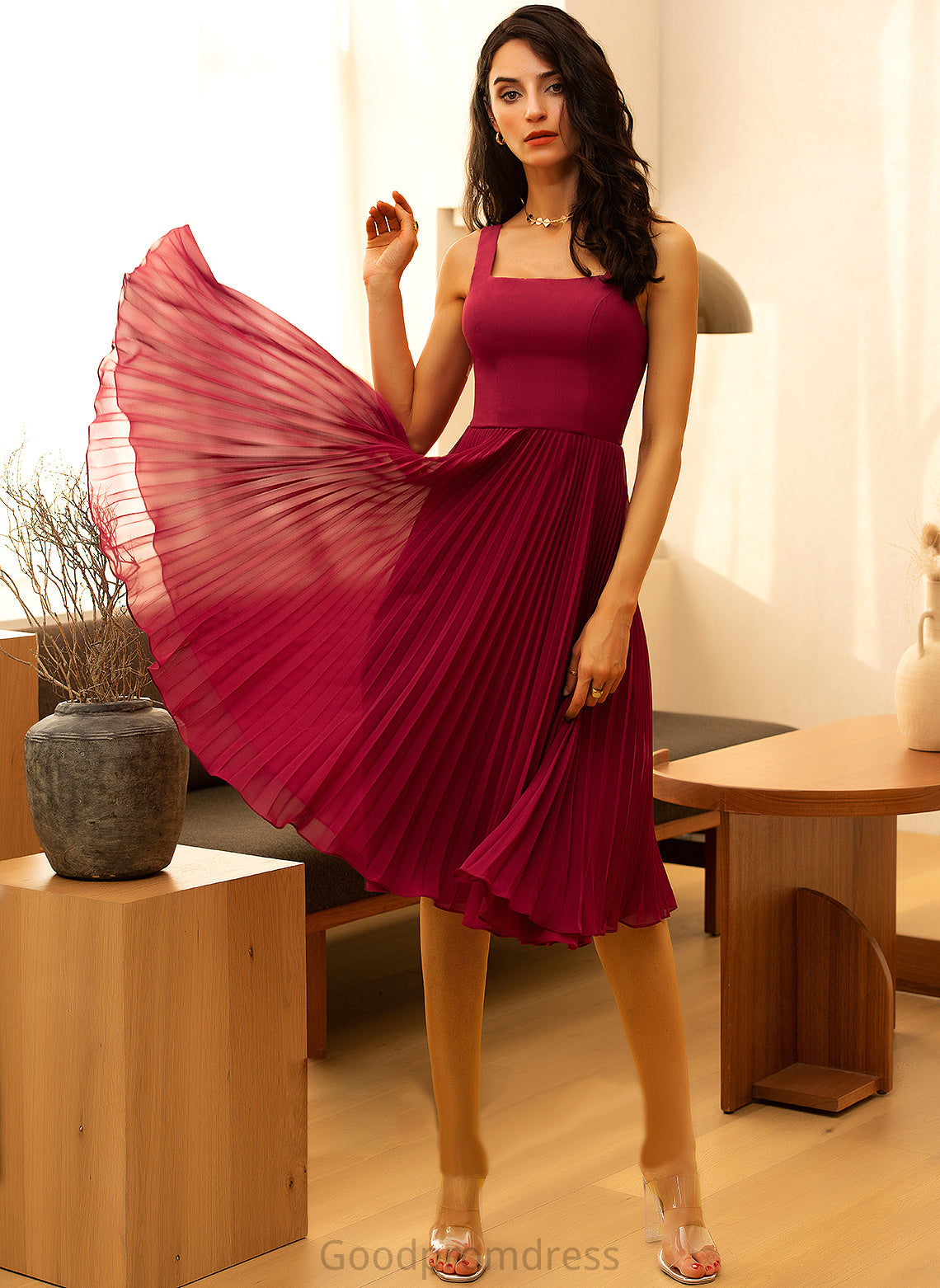 Amy Pleated Neckline Knee-Length Dress With Chiffon A-Line Homecoming Dresses Square Homecoming