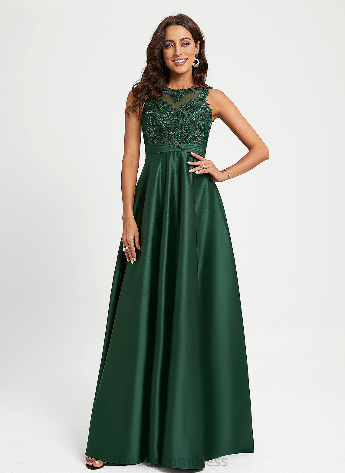 Mara Prom Dresses With Satin Floor-Length Ball-Gown/Princess Lace Sequins Scoop