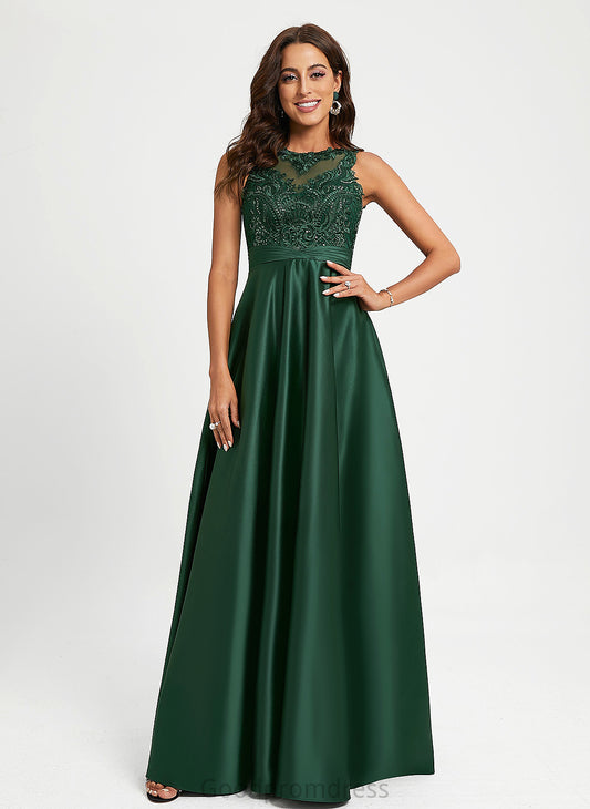 Mara Prom Dresses With Satin Floor-Length Ball-Gown/Princess Lace Sequins Scoop