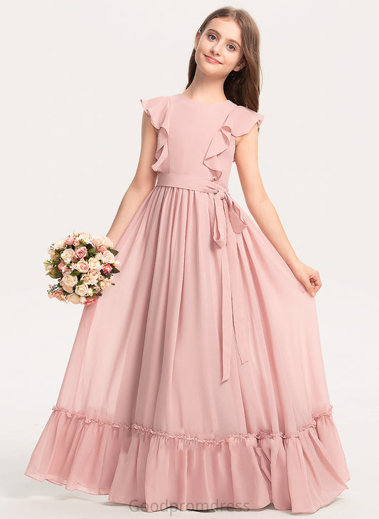 Bow(s) Chiffon Neck Scoop Junior Bridesmaid Dresses Floor-Length With A-Line Ruffles Destinee Cascading