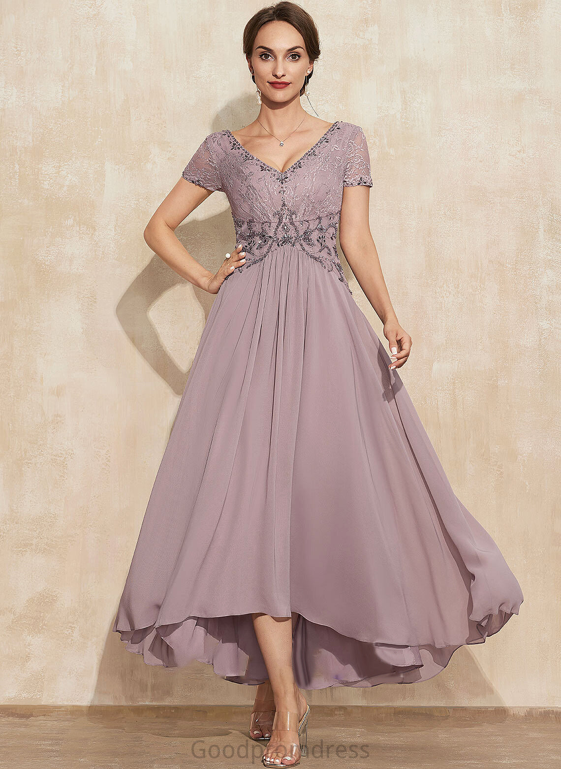 V-neck Lace Mother of the Bride Dresses Dress With Mother Karina Chiffon Beading the Bride A-Line of Asymmetrical