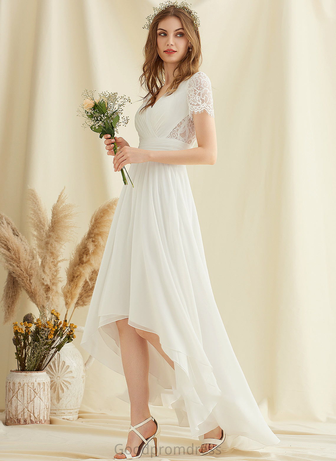 Lace V-neck Chiffon A-Line Angelica Dress Wedding Asymmetrical Wedding Dresses