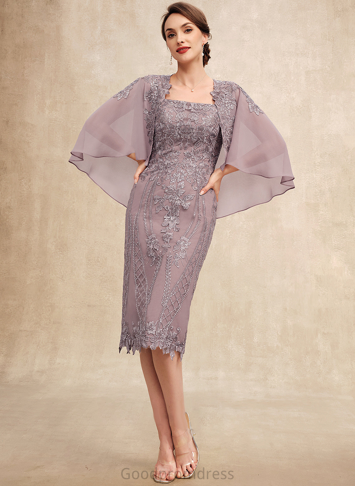 Bride Sequins Mother of the Bride Dresses Neckline With Lace Knee-Length of Mother the Square Carolyn Chiffon Dress Sheath/Column