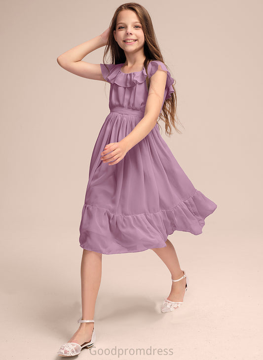 Cascading Shania Neck Junior Bridesmaid Dresses Knee-Length Bow(s) Ruffles Chiffon Scoop With A-Line