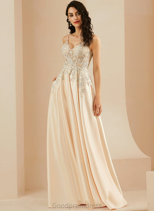 Uerica Lace V-neck Floor-Length Satin A-Line Prom Dresses