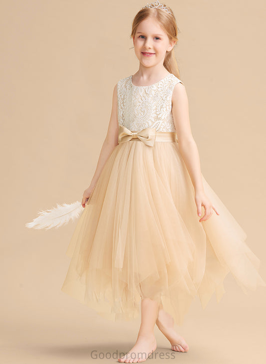 Flower Girl Dresses Neck Sleeveless With Flower Girl Jimena Tea-length Lace/Bow(s) A-Line Scalloped Tulle Dress -