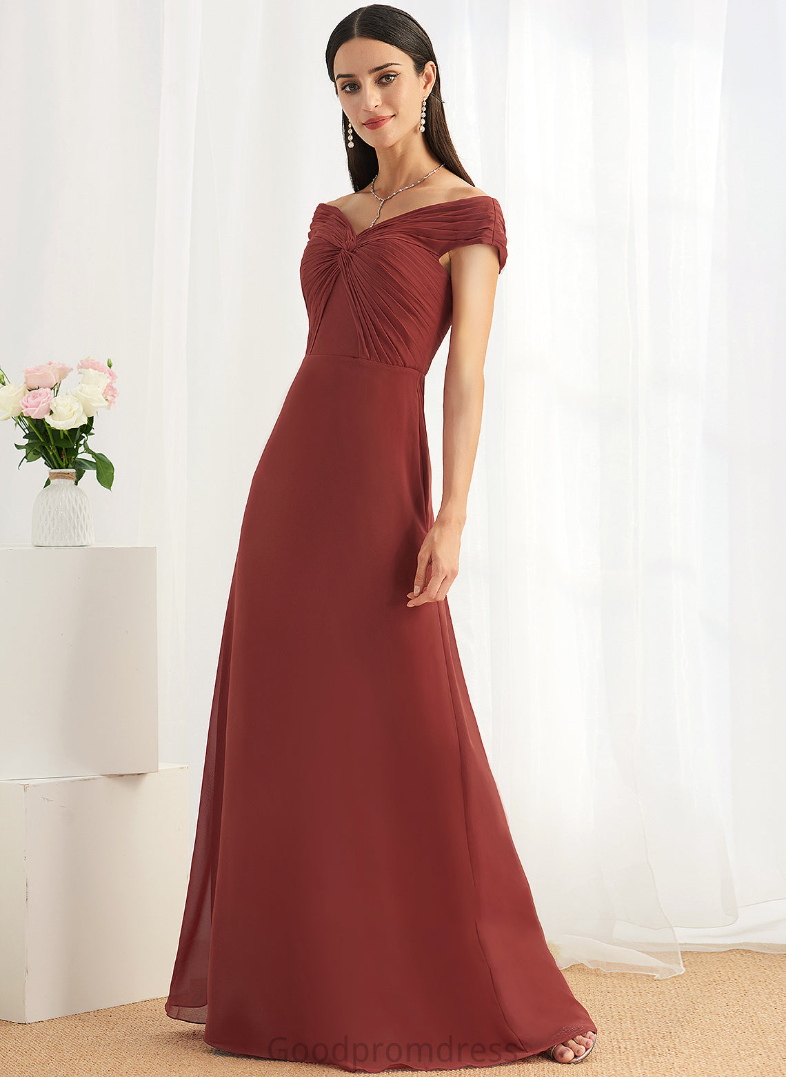 Length Ruffle Silhouette Sheath/Column Embellishment Off-the-Shoulder Fabric Floor-Length Neckline Jamie A-Line/Princess Sleeveless Bridesmaid Dresses