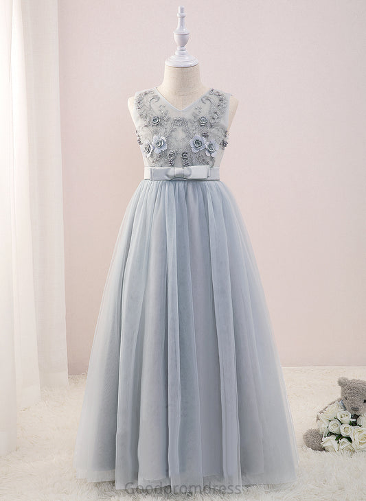 Flower Girl Dresses Flower V-neck Tulle/Lace Floor-length Girl Sleeveless Beryl Beading/Flower(s) - Dress A-Line With