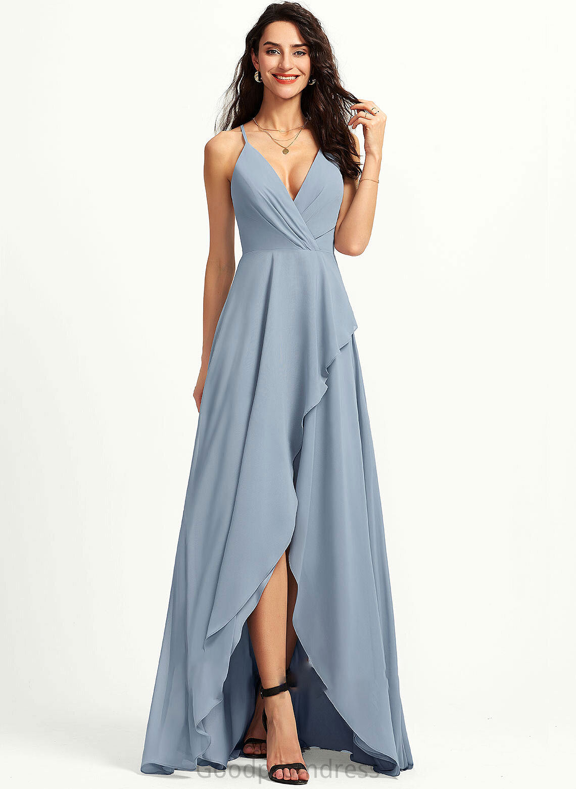 Straps V-neck Fabric A-Line Neckline Length Silhouette Asymmetrical Arielle Cap Sleeves Natural Waist Floor Length Bridesmaid Dresses