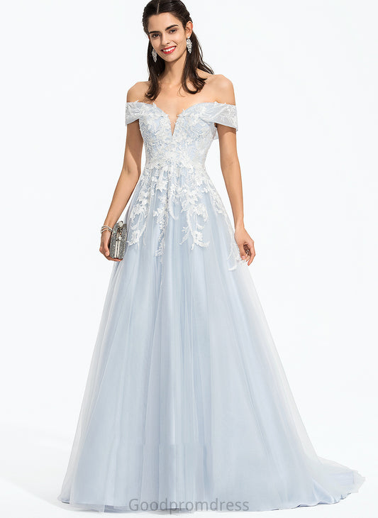 Ball-Gown/Princess Tulle Sweep Train Off-the-Shoulder Thea With Sequins Prom Dresses