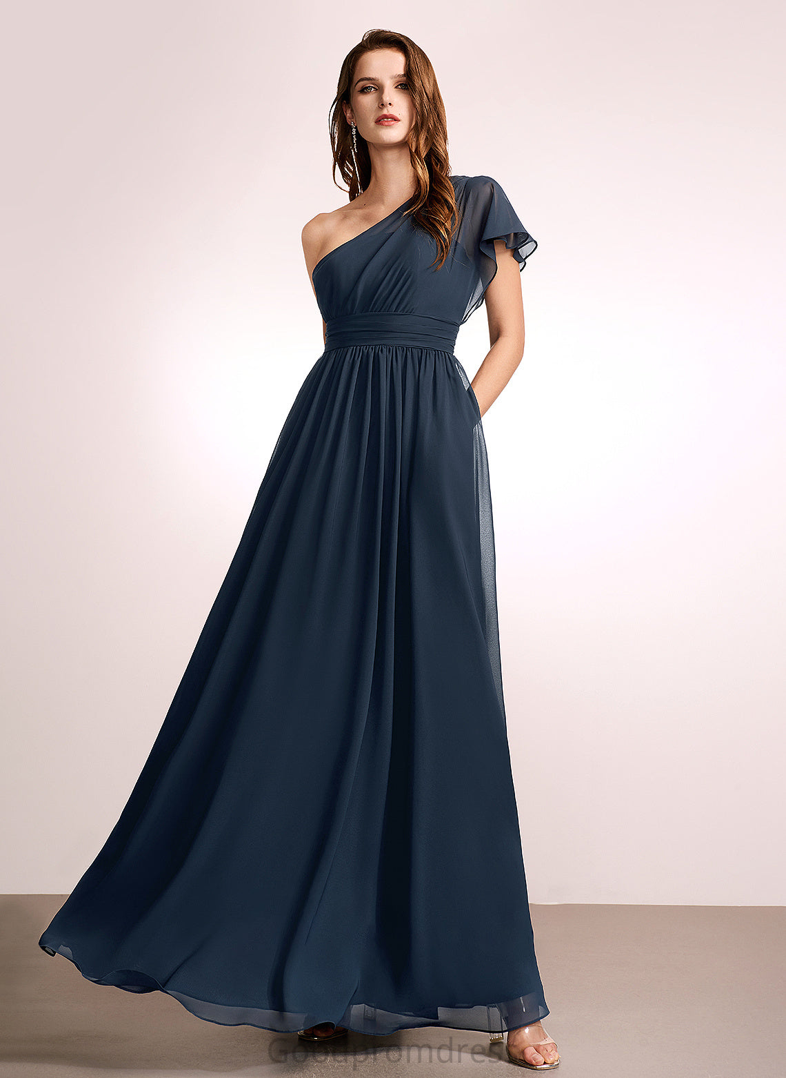 Embellishment Length Floor-Length A-Line Ruffle Fabric Silhouette One-Shoulder Neckline Amy Natural Waist Floor Length Bridesmaid Dresses