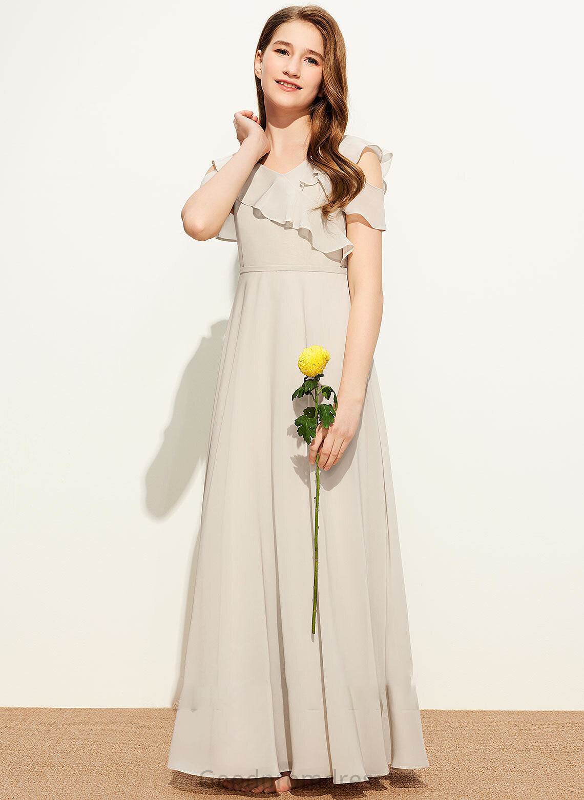 Floor-Length Ruffles A-Line Yazmin Cascading V-neck Junior Bridesmaid Dresses With Chiffon