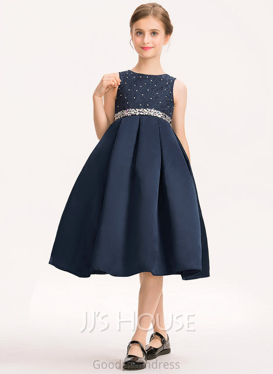 A-Line Neck Knee-Length Lace Junior Bridesmaid Dresses With Bow(s) Jayla Satin Beading Scoop