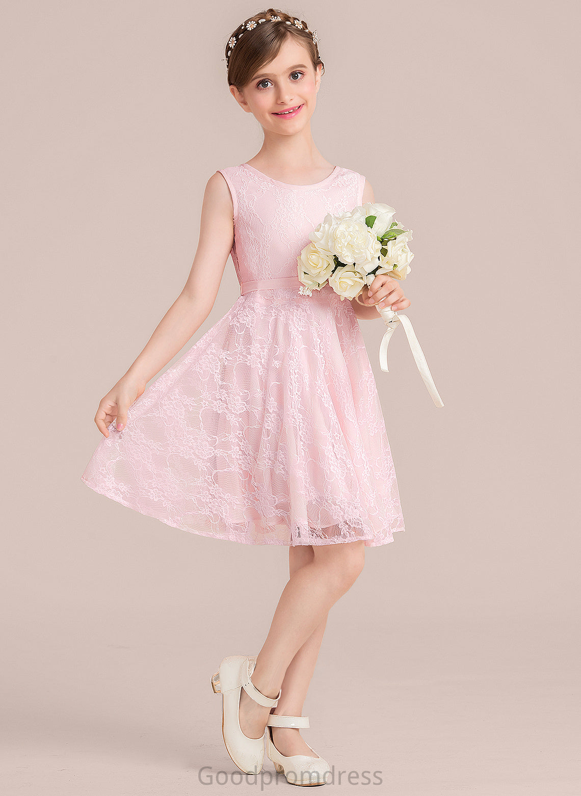 A-Line Scoop With Bow(s) Lace Sash Estrella Neck Knee-Length Junior Bridesmaid Dresses