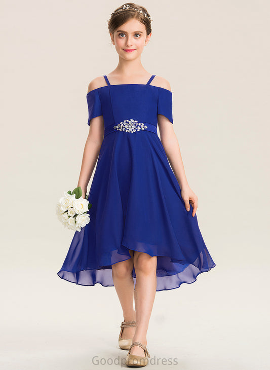 Bow(s) Asymmetrical Junior Bridesmaid Dresses A-Line Off-the-Shoulder Chiffon With Beading Madeline