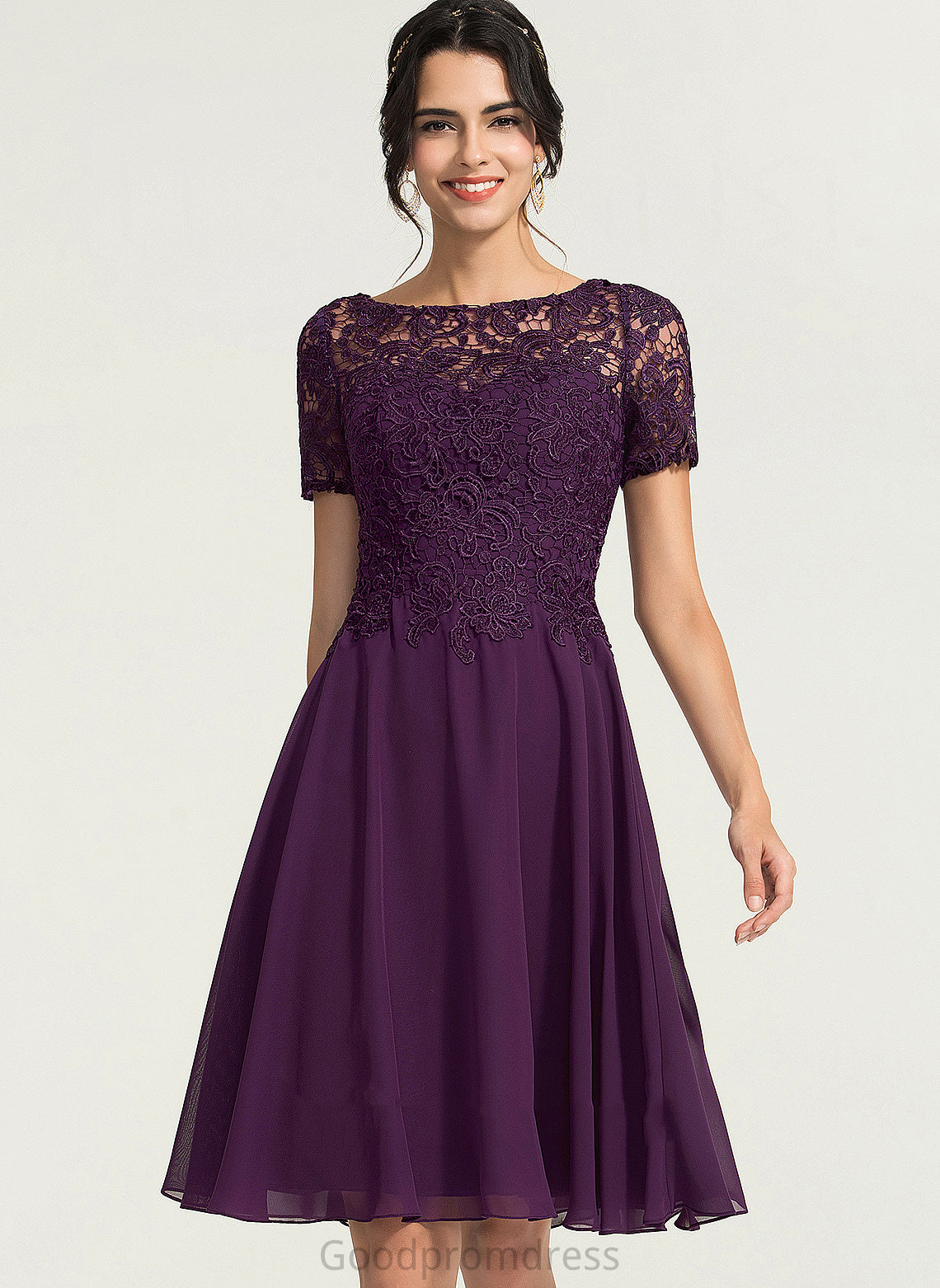 Rebecca Cocktail Chiffon Neck Cocktail Dresses Dress A-Line Lace Scoop Knee-Length