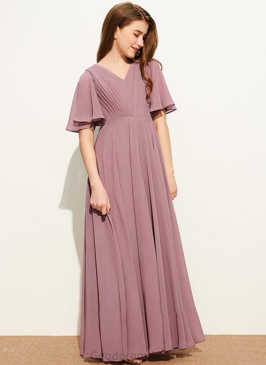 Junior Bridesmaid Dresses Ruffle With A-Line London Chiffon Floor-Length V-neck