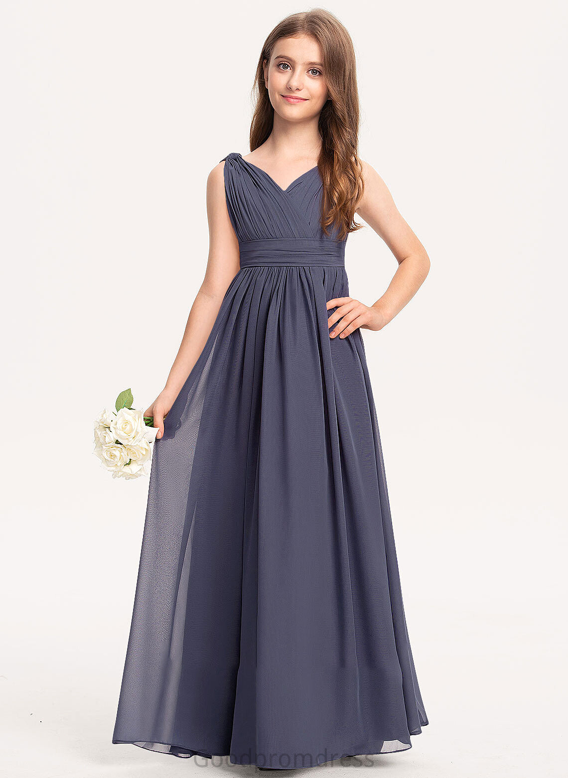 A-Line V-neck Chiffon Junior Bridesmaid Dresses With Amiah Floor-Length Ruffle