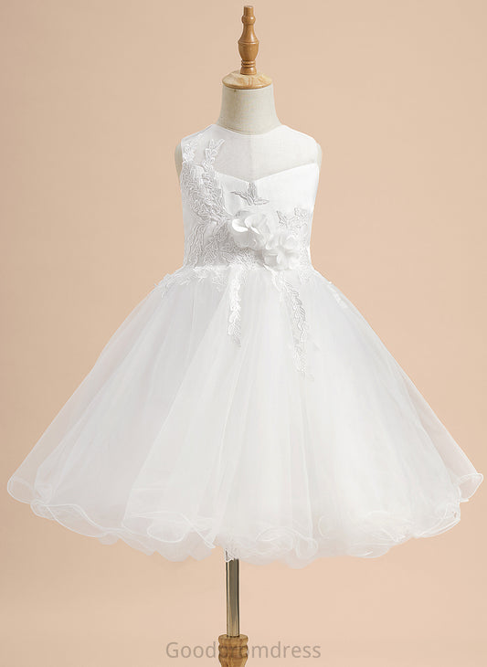 - Knee-length Girl Flower A-Line Scoop Lace/Flower(s)/Bow(s) Neck Dress With Satin/Tulle Flower Girl Dresses Sleeveless Silvia