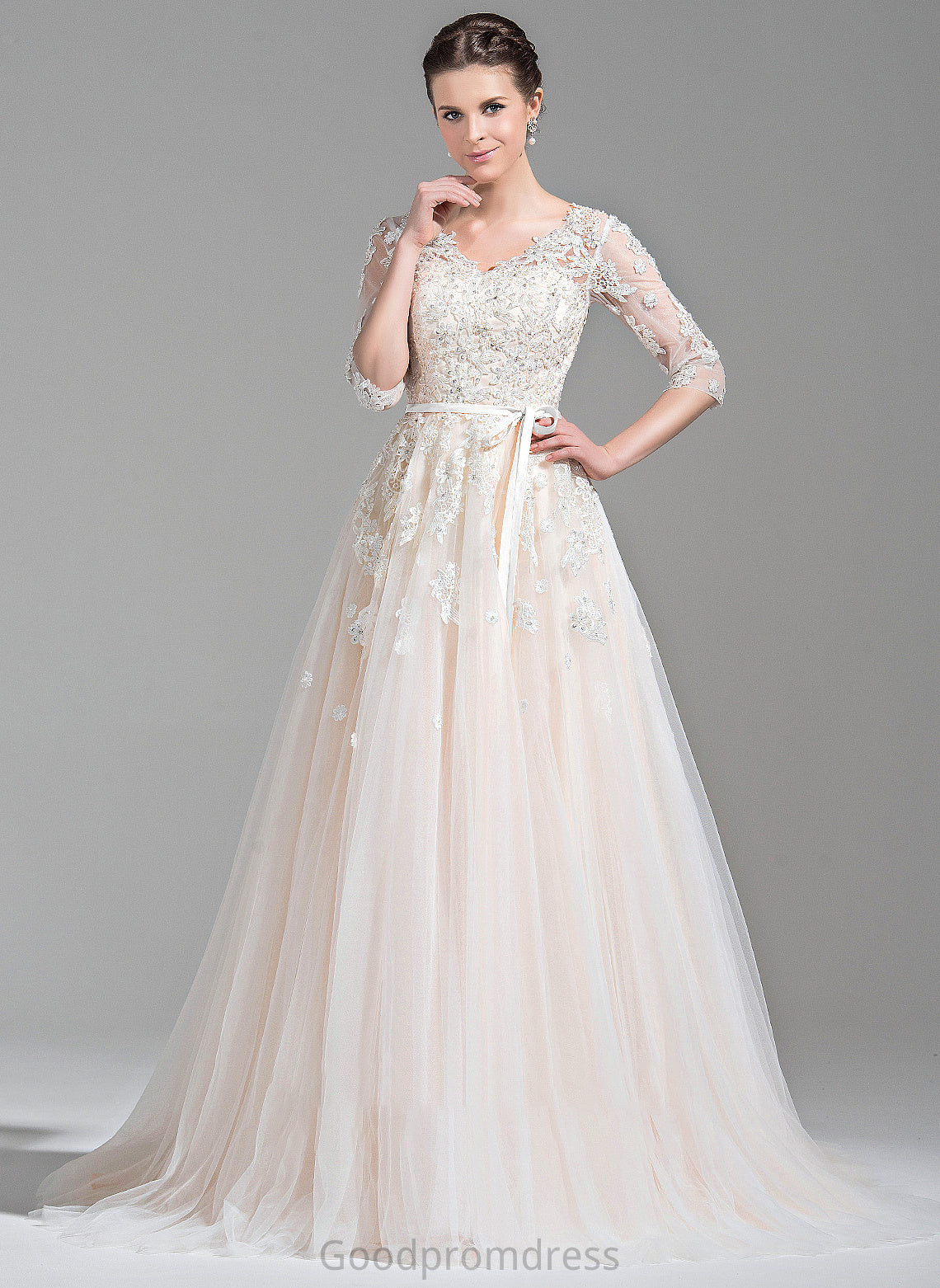 Wedding Dresses Appliques Beading Keira V-neck Ball-Gown/Princess Tulle Wedding Dress Sequins Lace Bow(s) Train With Court