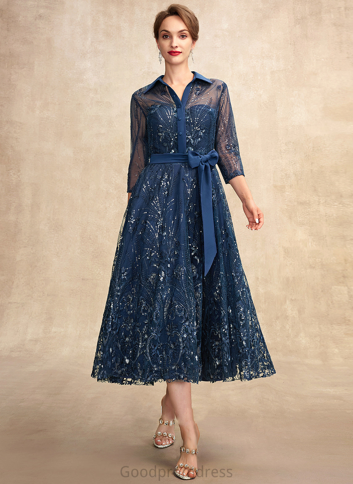 With Mother Dress Tea-Length V-neck the Chiffon Mother of the Bride Dresses Bride Bow(s) A-Line Lace Gia of Sequins