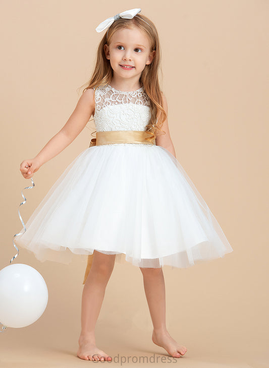 Sash/Bow(s)/Back Satin/Tulle/Lace Hole A-Line Scoop Flower Girl Dresses Dress Girl Knee-length Flower Sleeveless With - Mia Neck