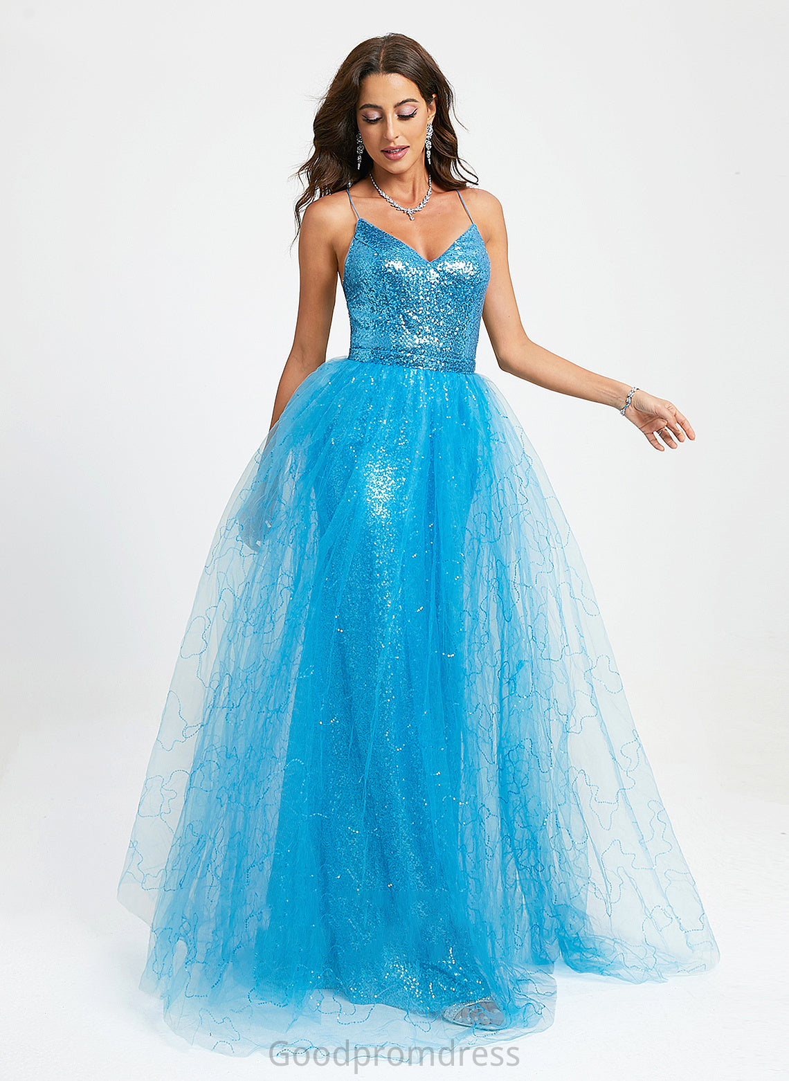 Floor-Length V-neck Tulle With Jordin Ball-Gown/Princess Prom Dresses Sequins