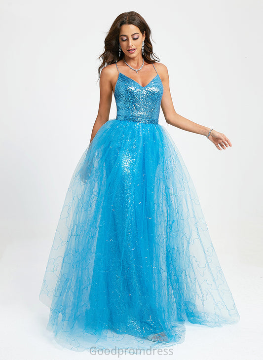 Floor-Length V-neck Tulle With Jordin Ball-Gown/Princess Prom Dresses Sequins