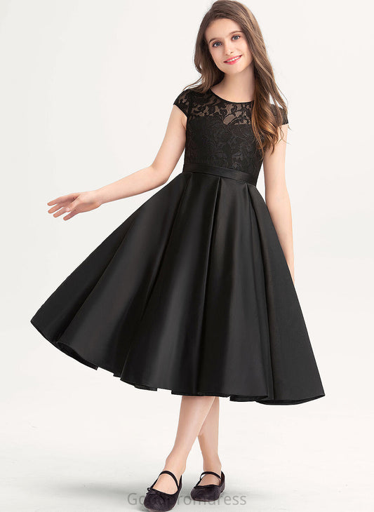 Junior Bridesmaid Dresses A-Line Leila Pockets Satin Lace Neck Knee-Length Scoop With