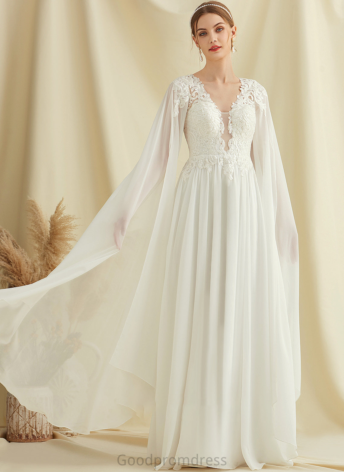 With Chiffon Lace Floor-Length Wedding Dresses Sequins Wedding Dress V-neck A-Line Guadalupe