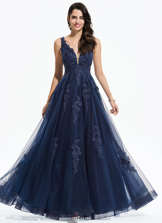 Floor-Length With Prom Dresses A-Line Tulle V-neck Lace Sequins Myla