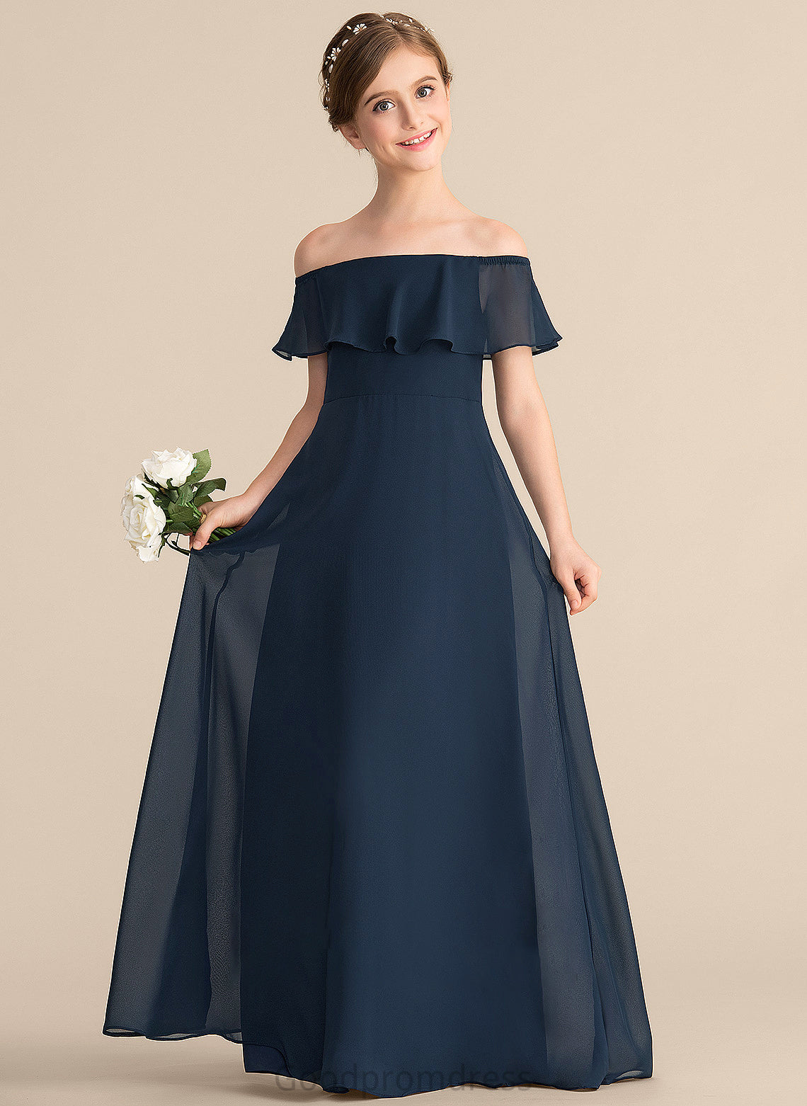 Junior Bridesmaid Dresses With Cascading Jocelynn Chiffon Ruffles A-Line Floor-Length Off-the-Shoulder