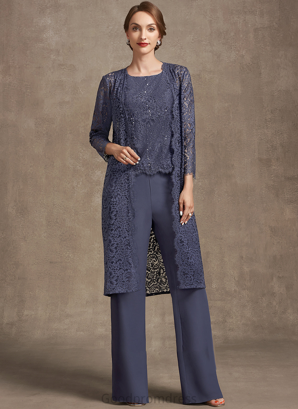 of Dress With Floor-Length the Sequins Jumpsuit/Pantsuit Mother of the Bride Dresses Aracely Bride Chiffon Scoop Mother Lace Neck