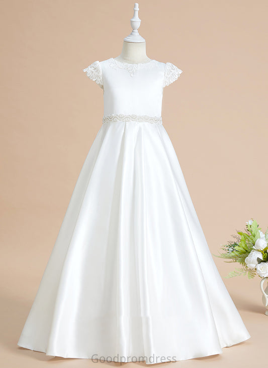 With Ball-Gown/Princess Sleeves Scoop - Flower Girl Dresses Neck Flower Short Lace/Beading/Bow(s) Geraldine Satin Girl Floor-length Dress