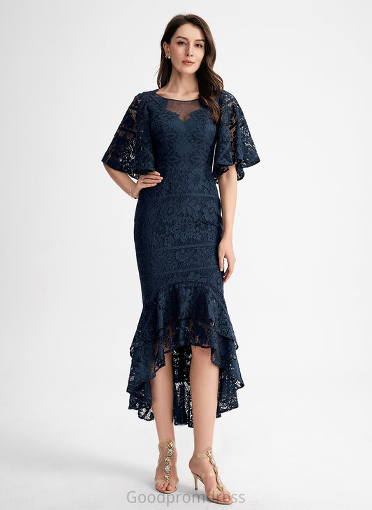 Trumpet/Mermaid Lace Cocktail Jazlene Cocktail Dresses Neck Asymmetrical Ruffle Scoop Dress With