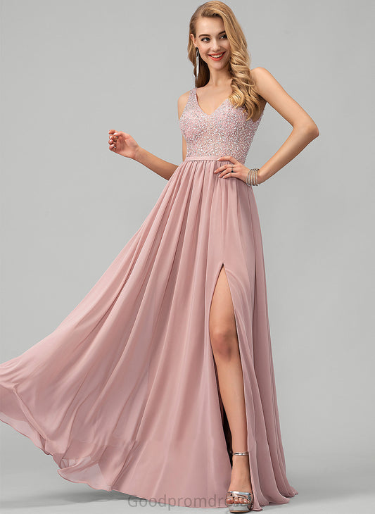 Front Floor-Length V-neck With Chiffon Beading Sequins Prom Dresses Zara Split A-Line